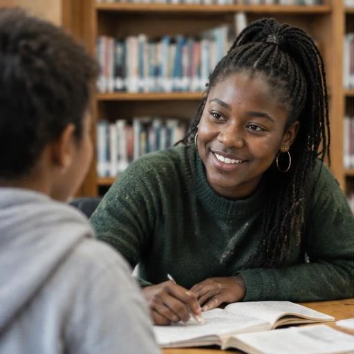 Mentor helping a student at a library