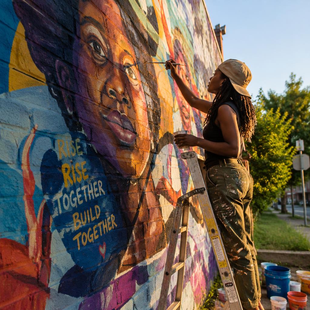 Muralist painting a community mural